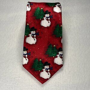 Holiday Tales Christmas Neck Tie 100% Silk Snowman &‎ Tree 61” X 3.5